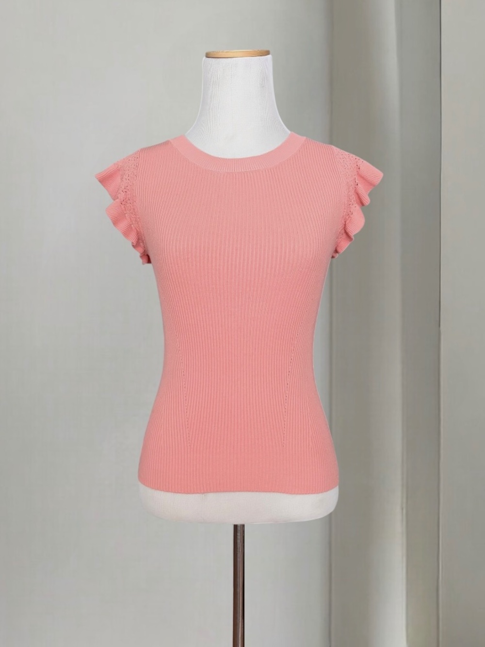 Muse Coral Pink Ribbed Knit Ruffle Sleeve Top